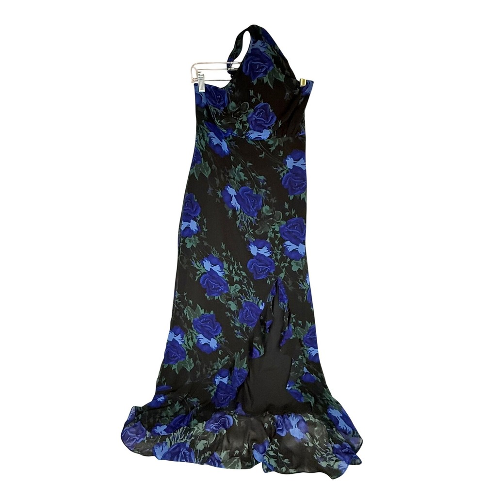 Lulus Blue Rose Floral Halter Maxi Dress Women's M Black Chiffon Formal